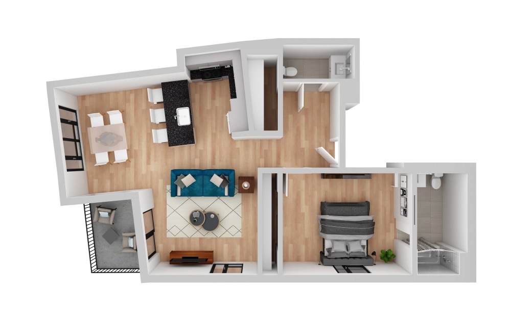 1 Bed 1.5 Bath - 1 bedroom floorplan layout with 1.5 bathroom and 705 - 935 square feet