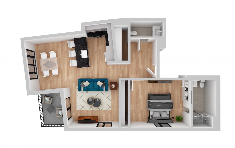 1 Bed 1.5 Bath - 1 bedroom floorplan layout with 1.5 bath and 705 to 935 square feet.
