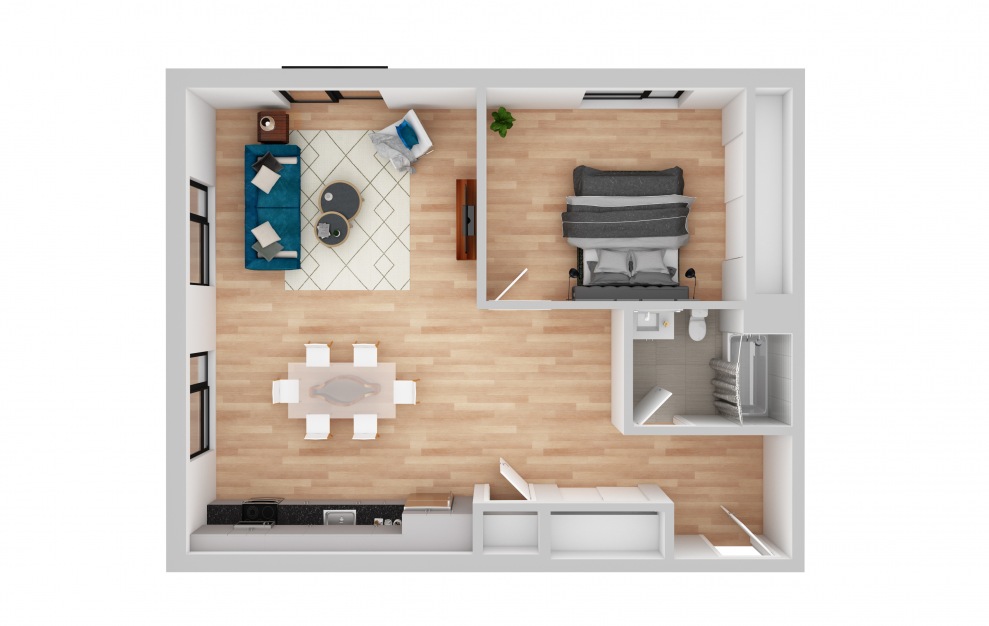 1 Bed 1 Bath - 1 bedroom floorplan layout with 1 bath and 710 to 867 square feet.