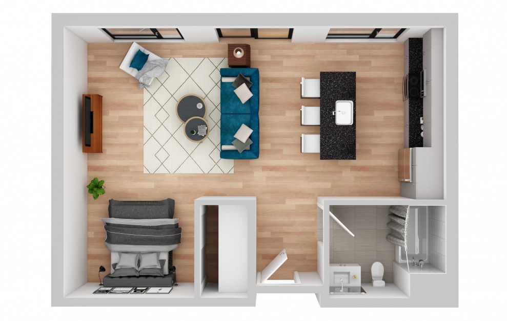 West 10 - Studio floorplan layout with 1 bath and 495 square feet.