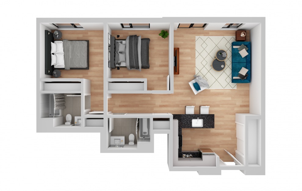 East 04 - 2 bedroom floorplan layout with 2 baths and 1062 square feet.