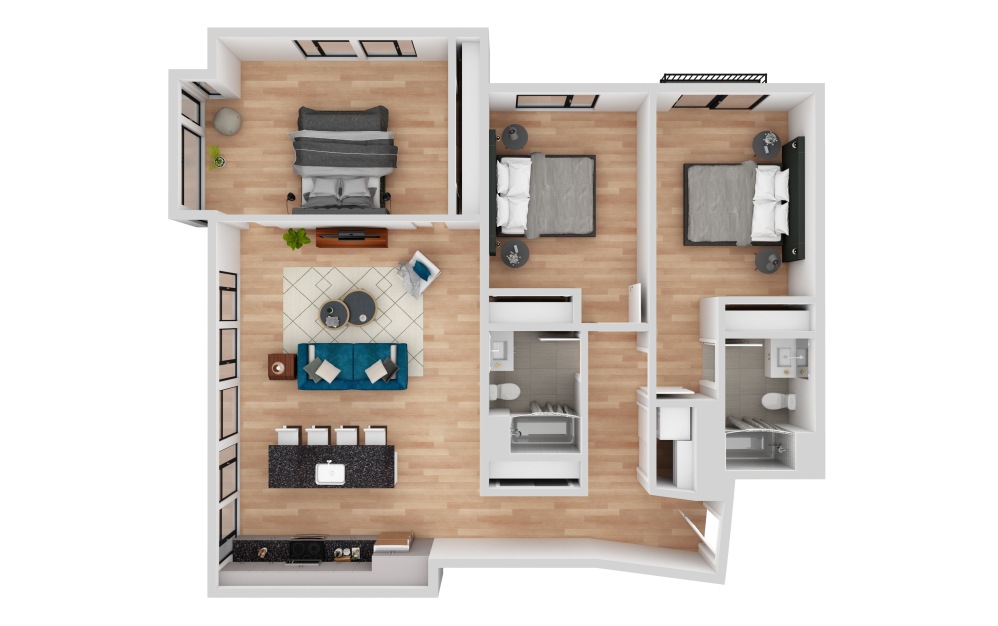 3 Bed 2 Bath - 3 bedroom floorplan layout with 2 bathrooms and 1437 square feet