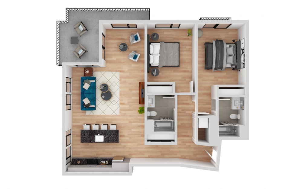 East 10 with Patio - 2 bedroom floorplan layout with 2 baths and 1269 square feet.