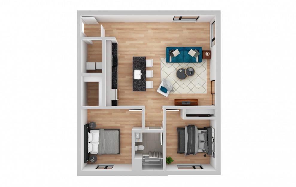 West 08 - 2 bedroom floorplan layout with 1 bath and 1063 square feet.