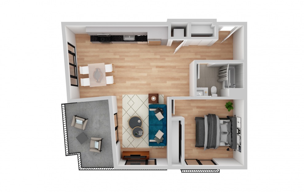 West 02 with Patio - 1 bedroom floorplan layout with 1 bath and 757 square feet.